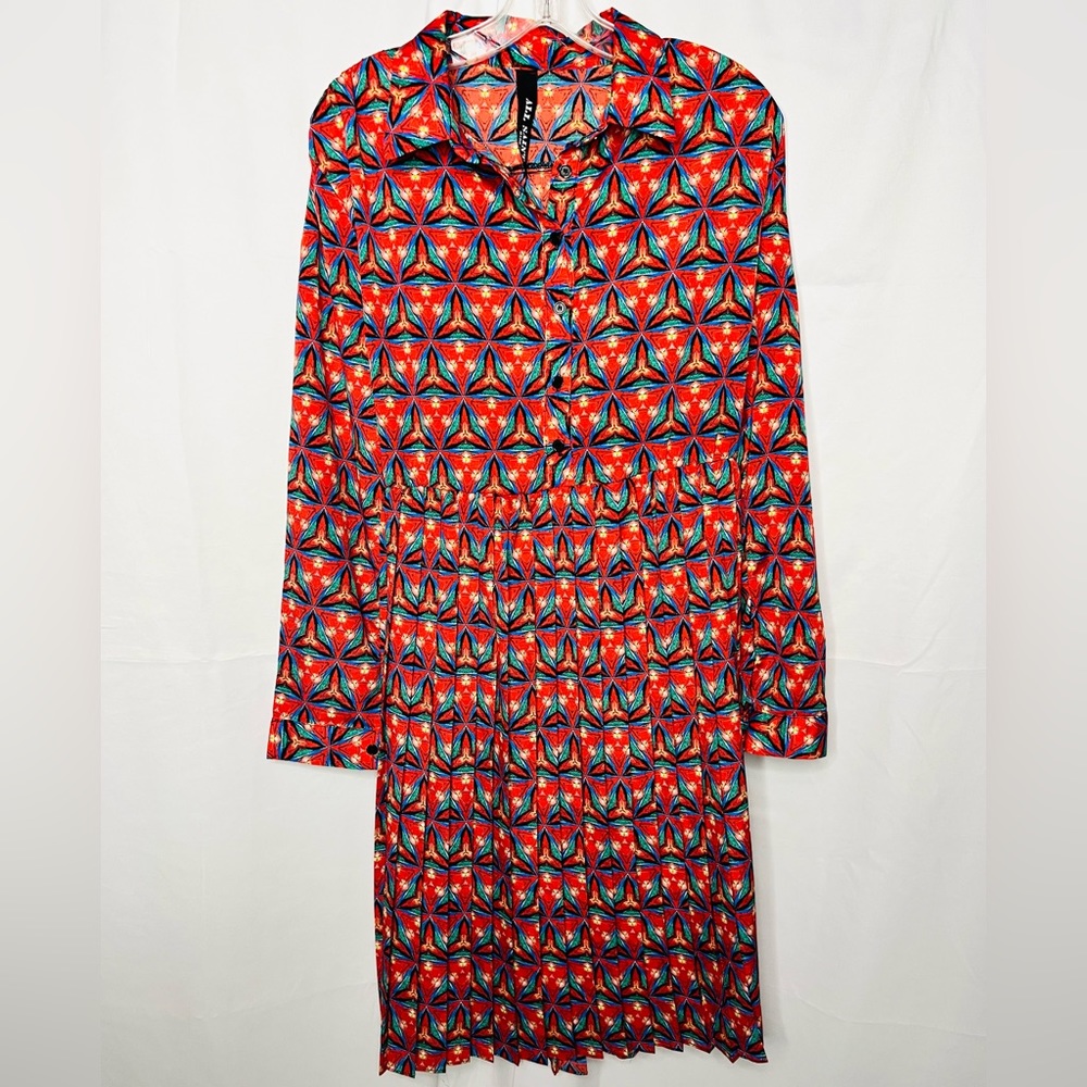 All Saints Red Pattern Long Sleeve Button Down Slit Back Pleated Shirt Dress - S